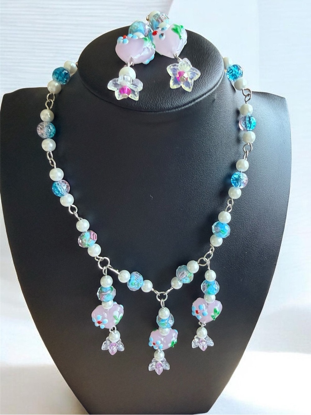 Pastel Pink & Blue Floral Bead Necklace by
